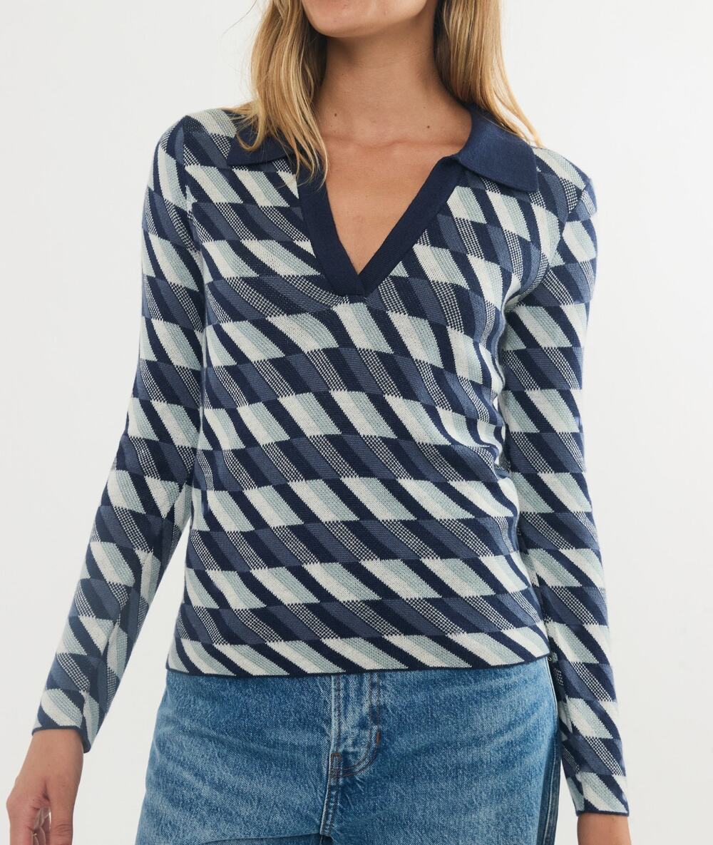 Marine Layer Novelty Morgan Blue Patterned Polo Sweater Medium